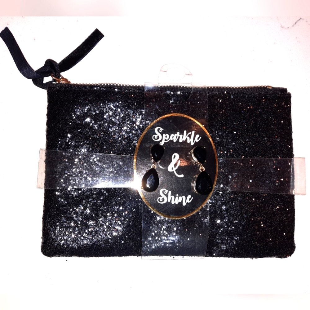 $ Sparkle and shine black zip cosmetic bag with black post dangle earrings NWT